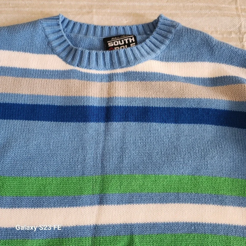 Southpole Striped Sweater Mens Large Blue Green Crewneck Knit Pullover Y2K Retro